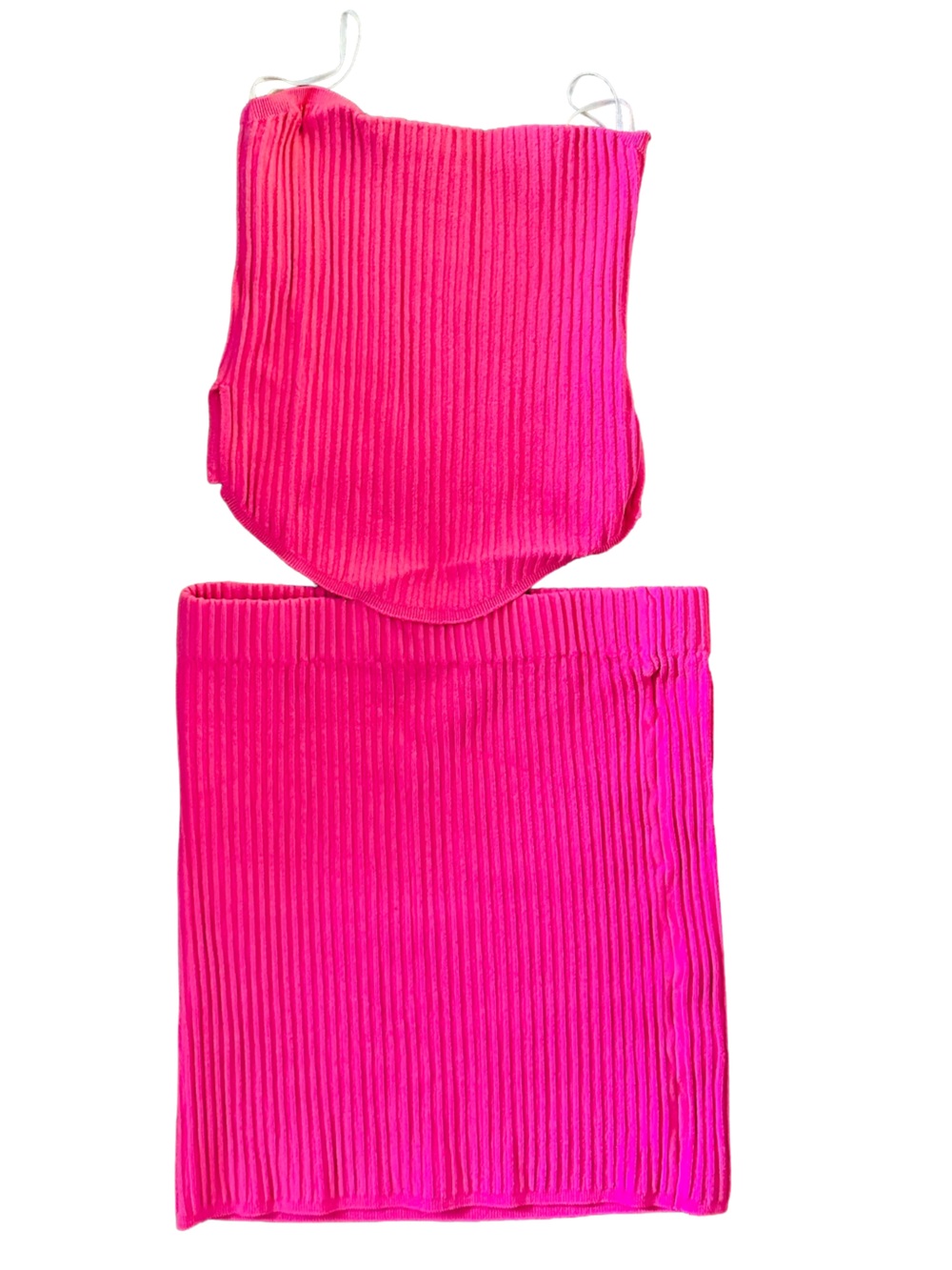 Bright Hot Pink Ribbed Two-Piece Set - Tube Top & Skirt